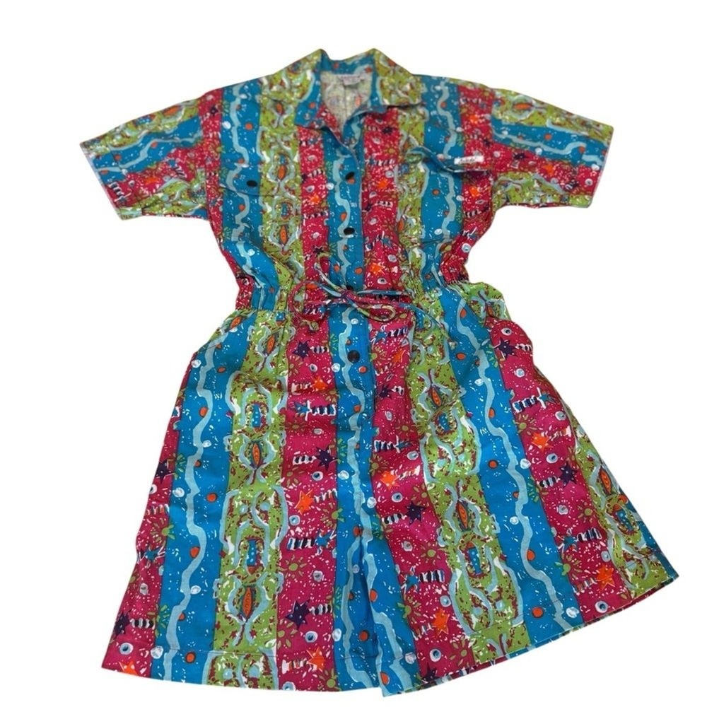Dreams Vintage 80s Neon Abstract Cotton Romper Belted NWT Women's Small Rare - Picture 3 of 16